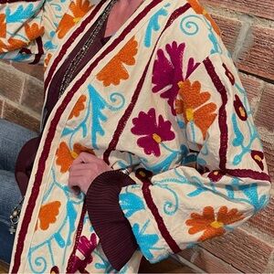 Bohemian Grace Suzani hand Embroidered cotton cream jacket New $188